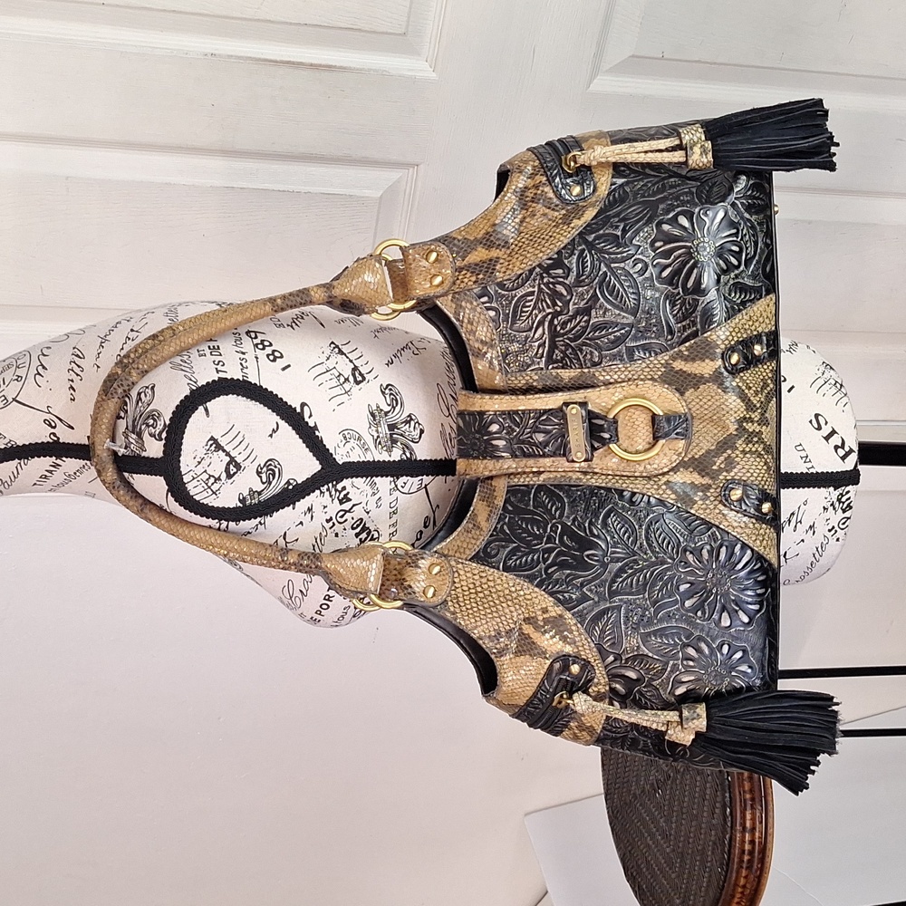 Sharif Black Floral Tooled Leather Hobo with Tan Snakeskin Trim